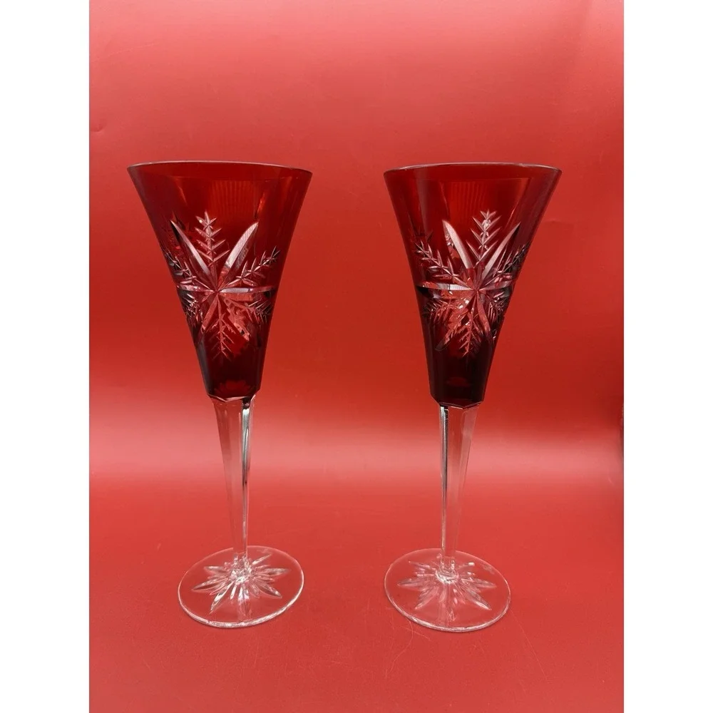 Set Of 2 Waterford Crystal Joy Ruby Red Champagne Flutes 9.25